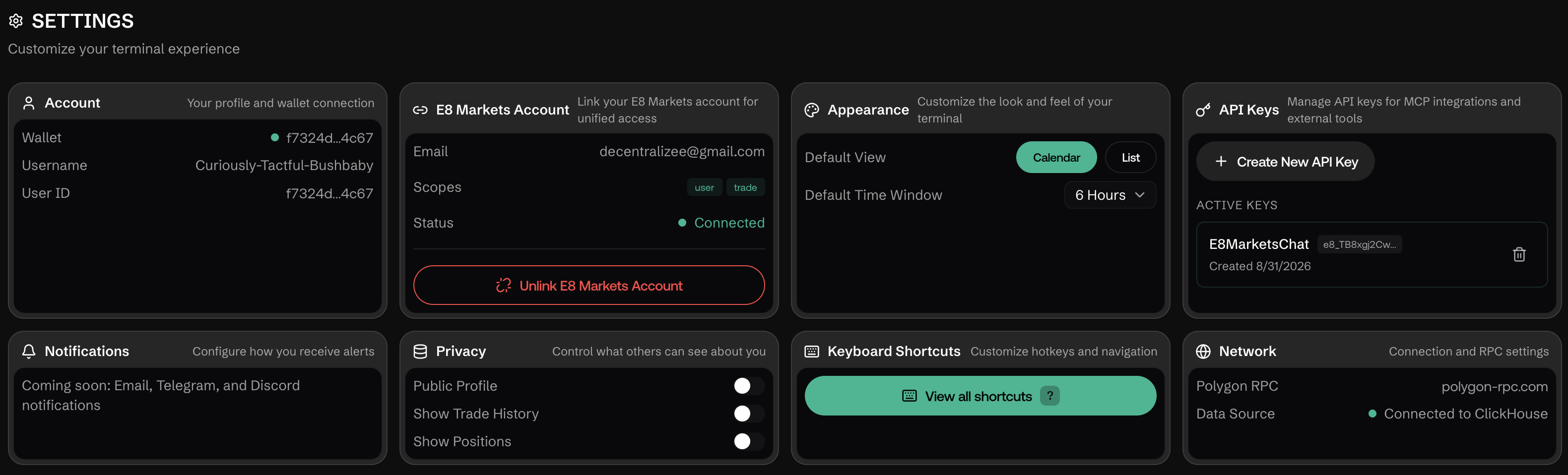 Settings page showing Account, API Keys, Appearance, Notifications, Privacy, Keyboard Shortcuts, and Network cards
